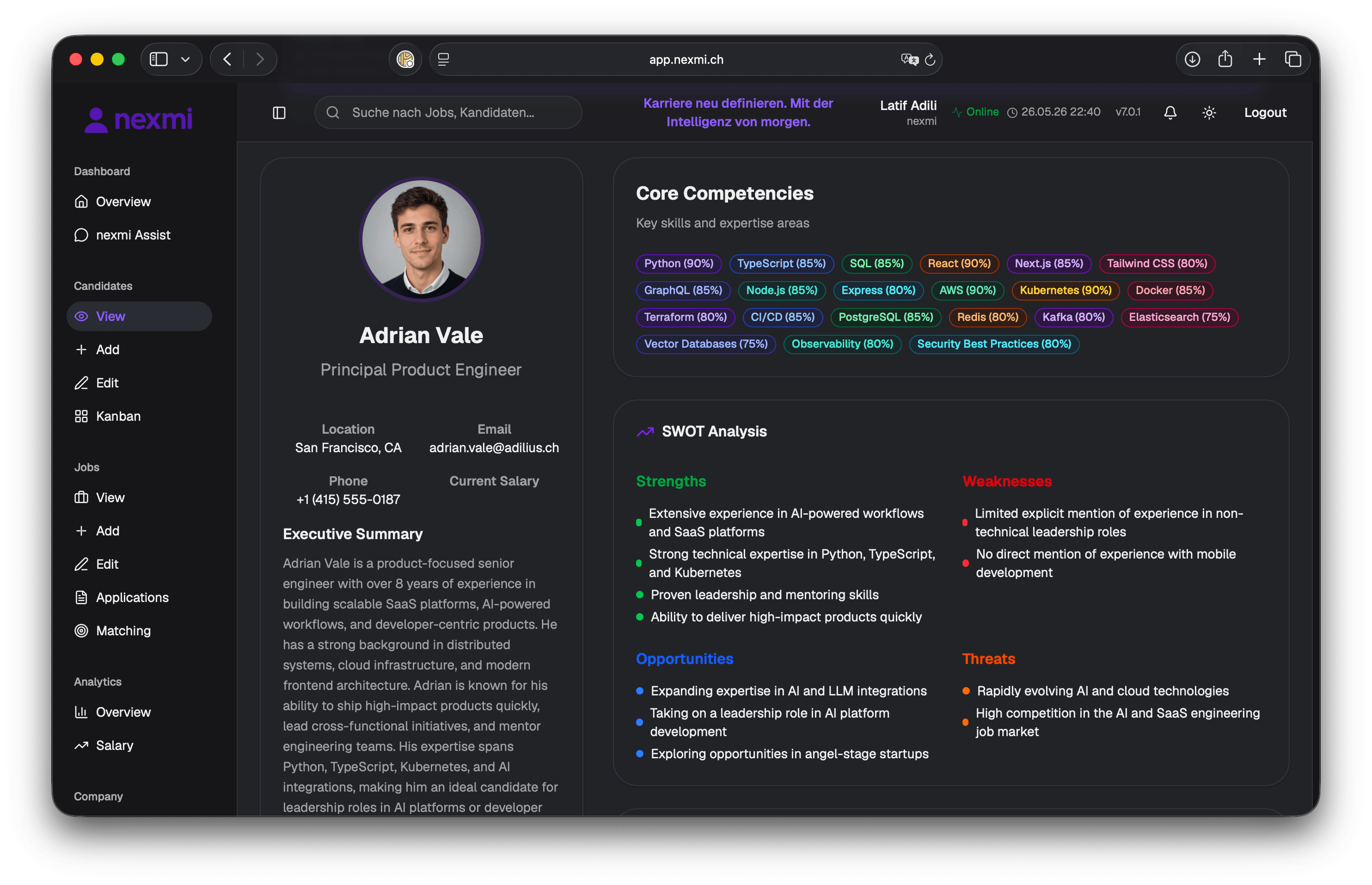 nexmi Profil für Talente - Dark Mode